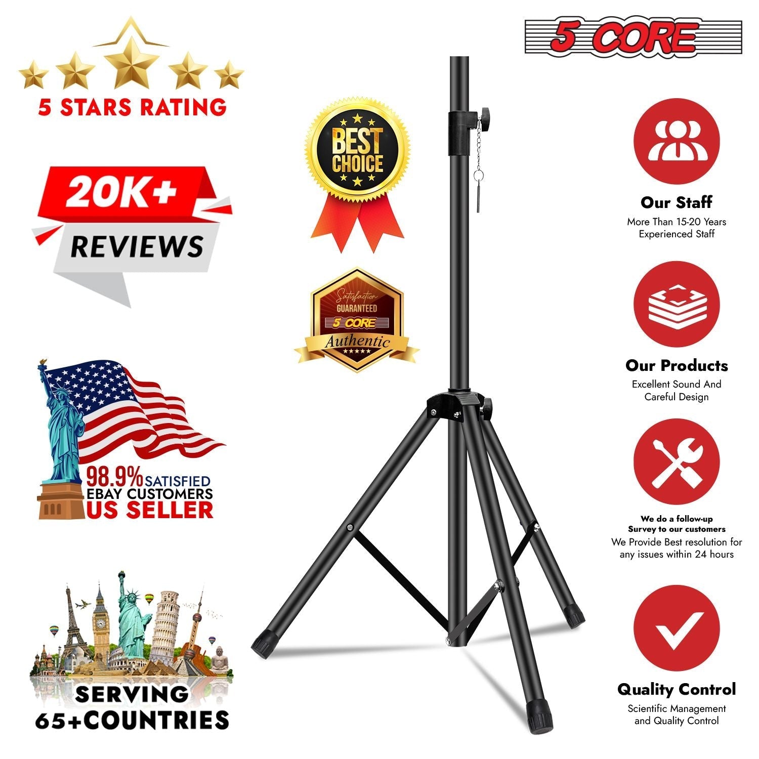 5 Core Speaker Stand 2Pcs Tripod Floor Tall Adjustable Up to 72 Inch DJ Studio Monitor Stands Pole Mount