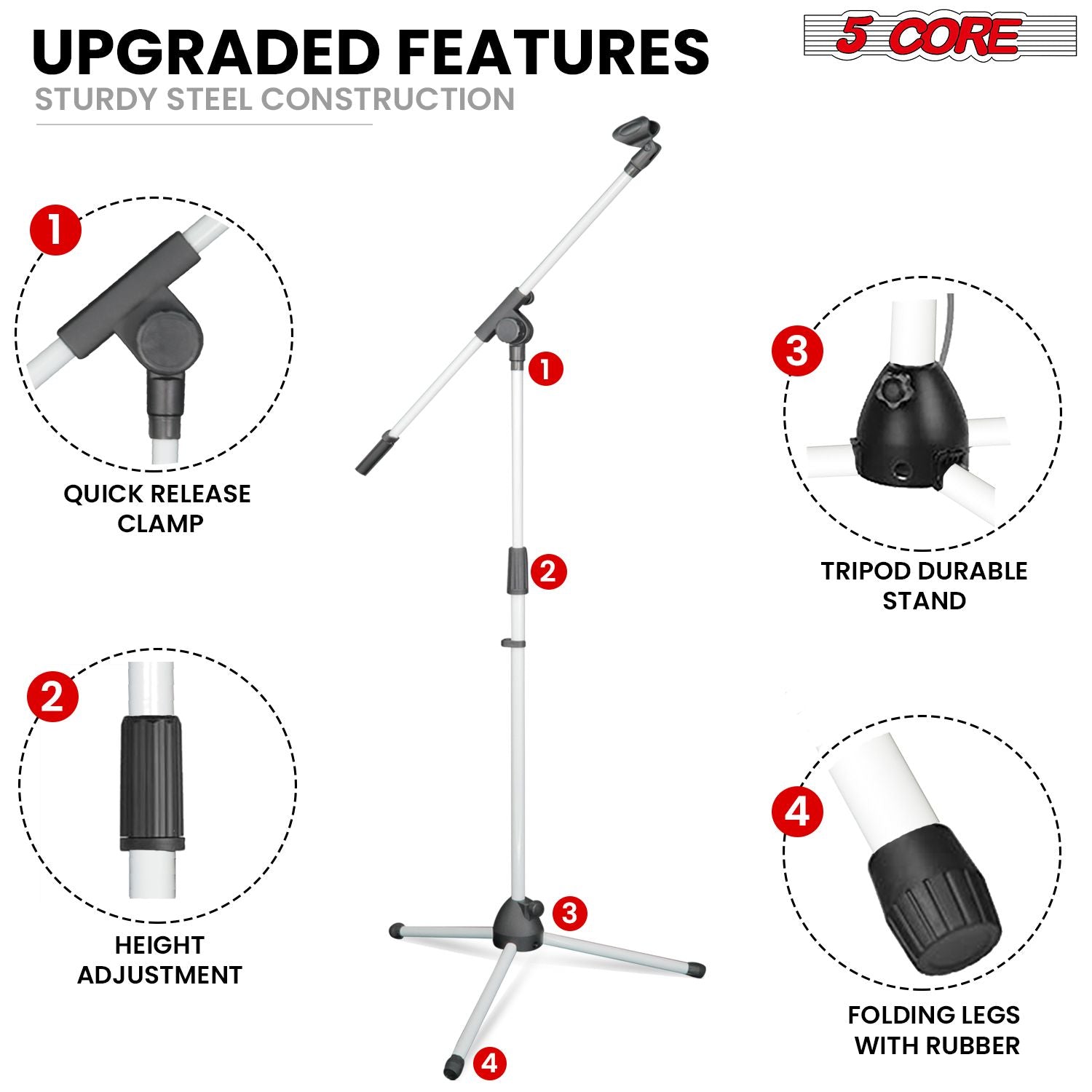 5 Core Tripod Mic Stand Floor 4Pcs Adjustable 18 to 72 Inches Sturdy Boom Arm Holder Microphone Stands Pedestal Para Microfono for Singing