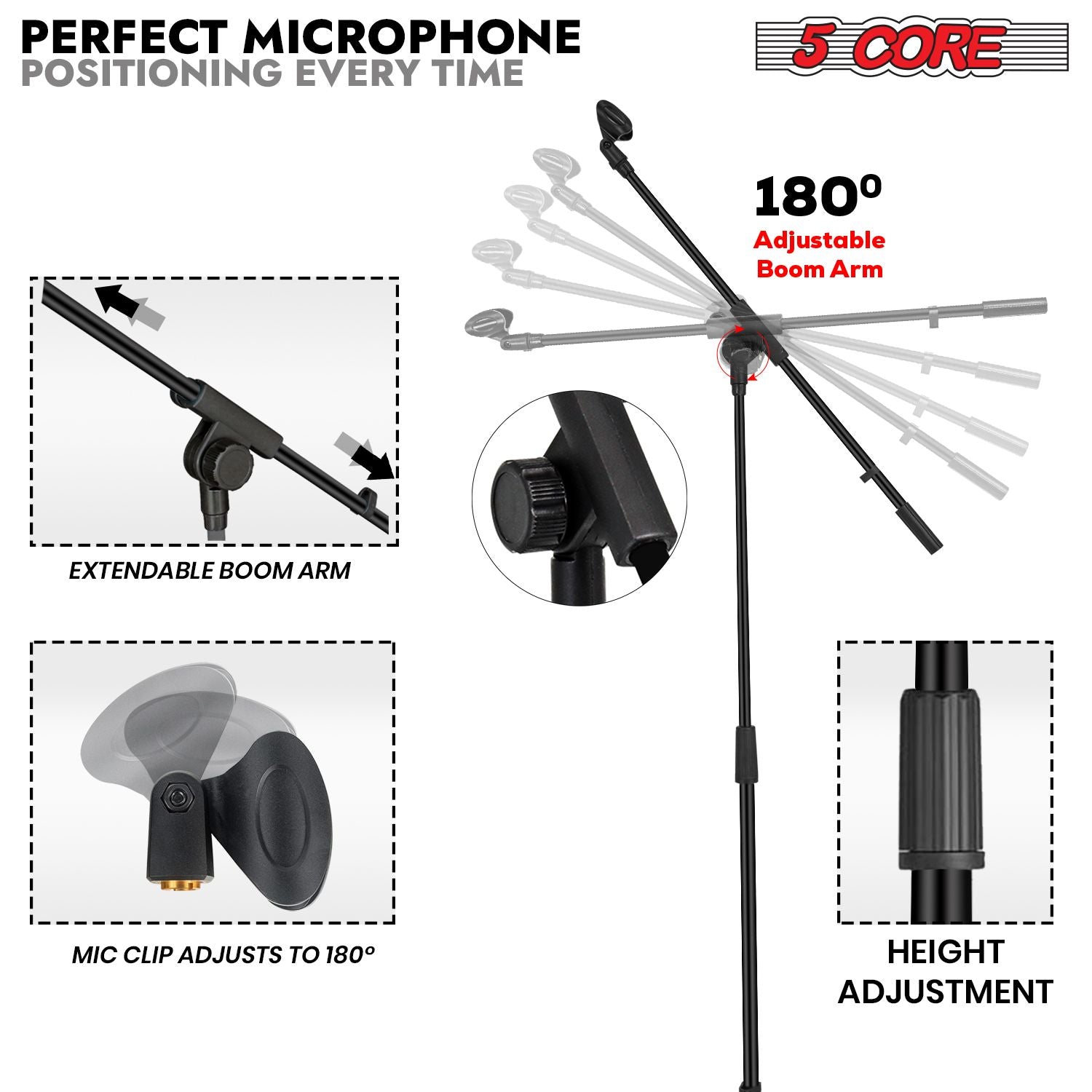 5 Core Tripod Mic Stand Floor 4Pcs Adjustable 18 to 72 Inches Sturdy Boom Arm Holder Microphone Stands Pedestal Para Microfono for Singing