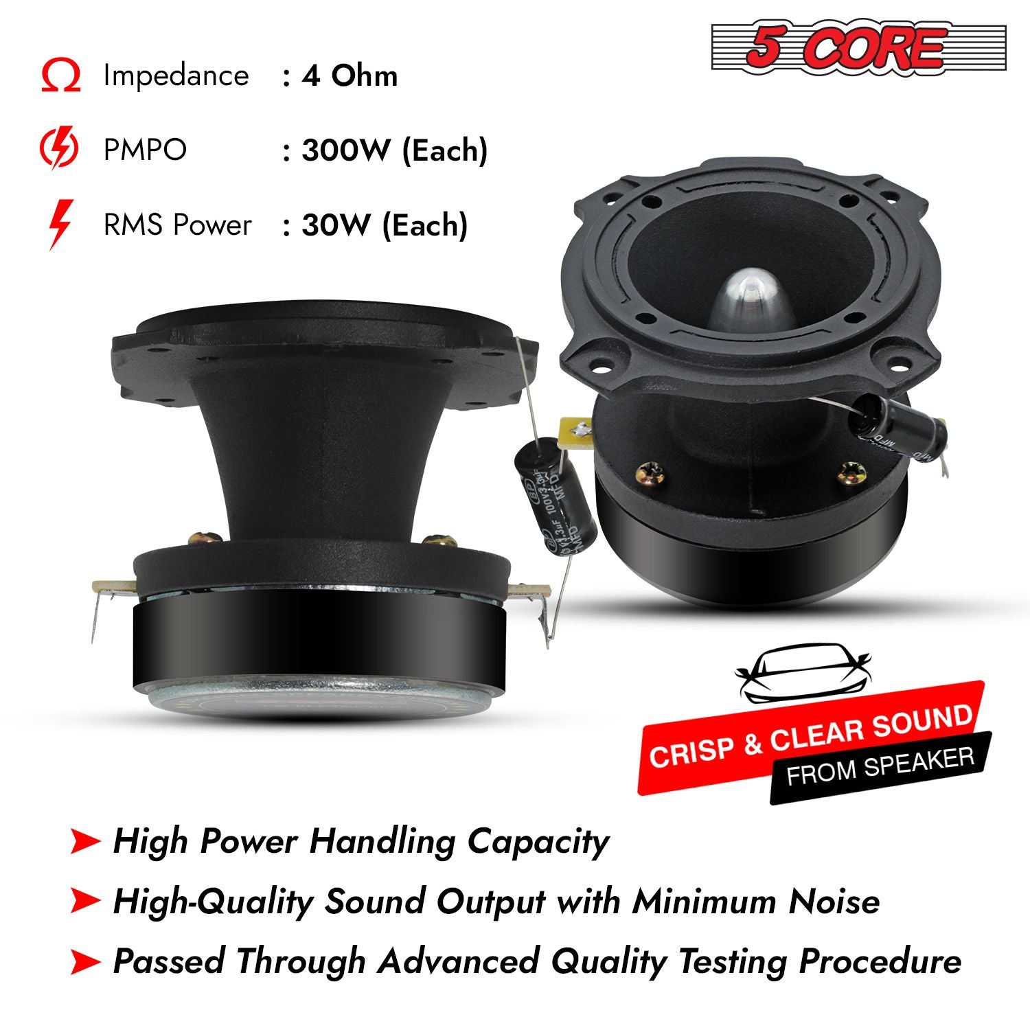 5 Core Tweeters Speakers Car Audio Pair 600W Combined Peak 4 Ohm 3.5 Inch Aluminum Super Bullet Tuiters Para Sonido Para Carro - TW BLT 180 BLK PAIR