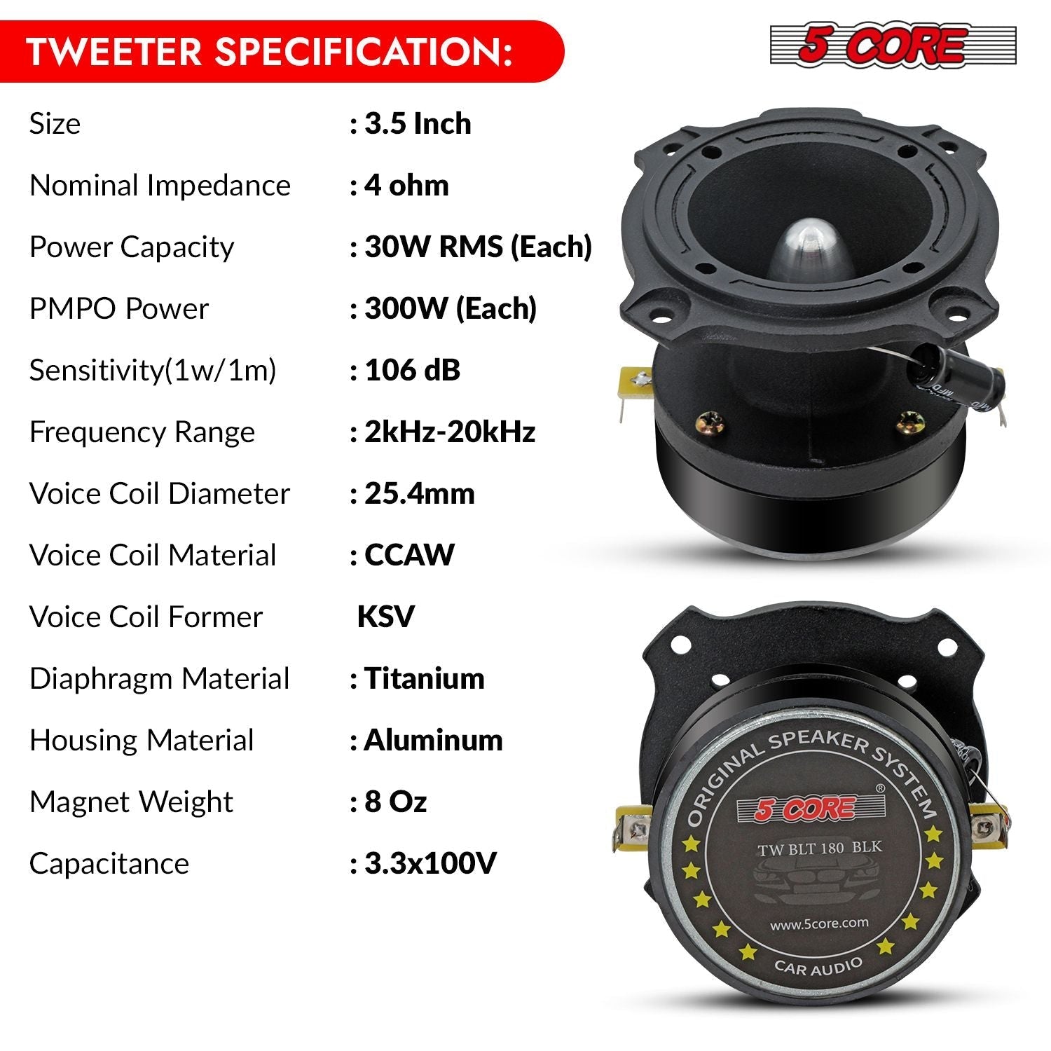 5 Core Tweeters Speakers Car Audio Pair 600W Combined Peak 4 Ohm 3.5 Inch Aluminum Super Bullet Tuiters Para Sonido Para Carro - TW BLT 180 BLK PAIR