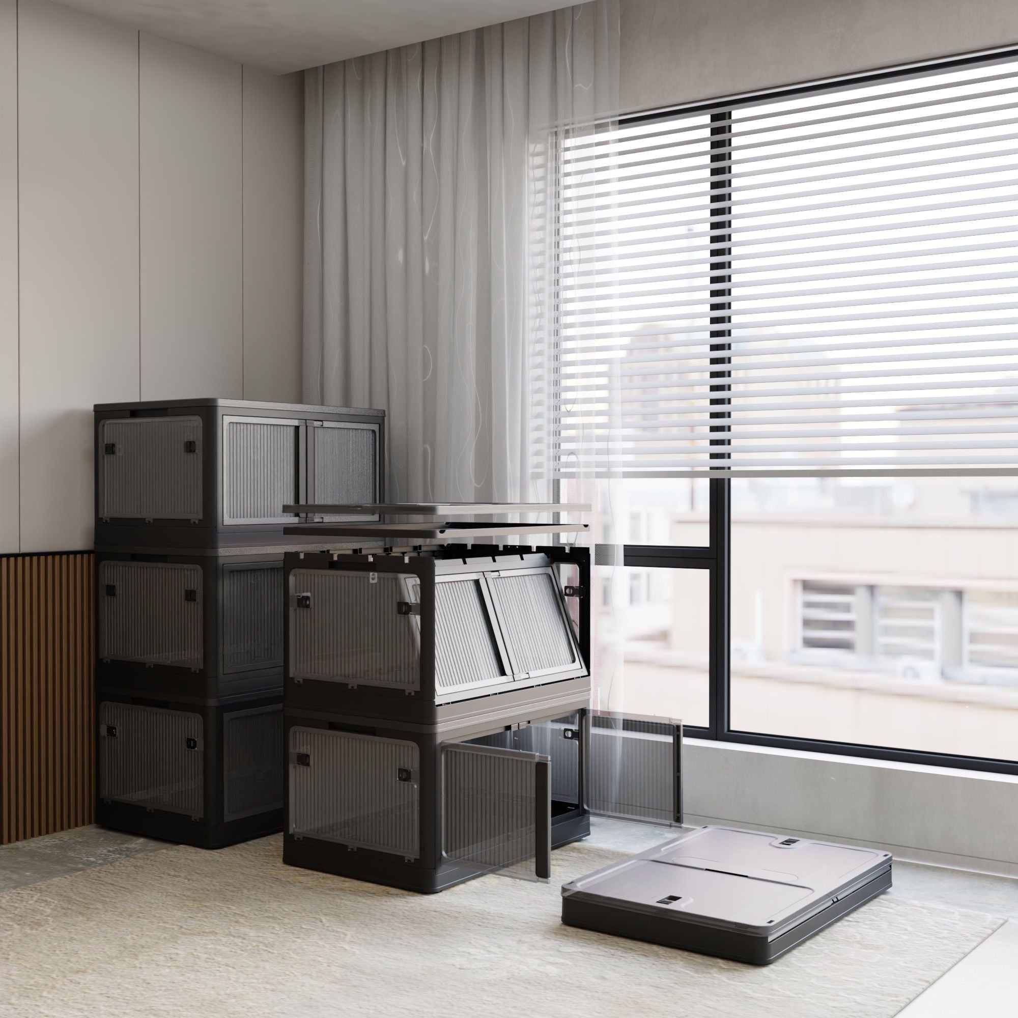 506QT 4-Pack Transparent Stackable Storage Bins with 5 Doors to Open with Wheels, Folding Plastic Craft Containers Large Closet Organizers Box for Bedrooms Living Rooms Study Kids' Toys, Black