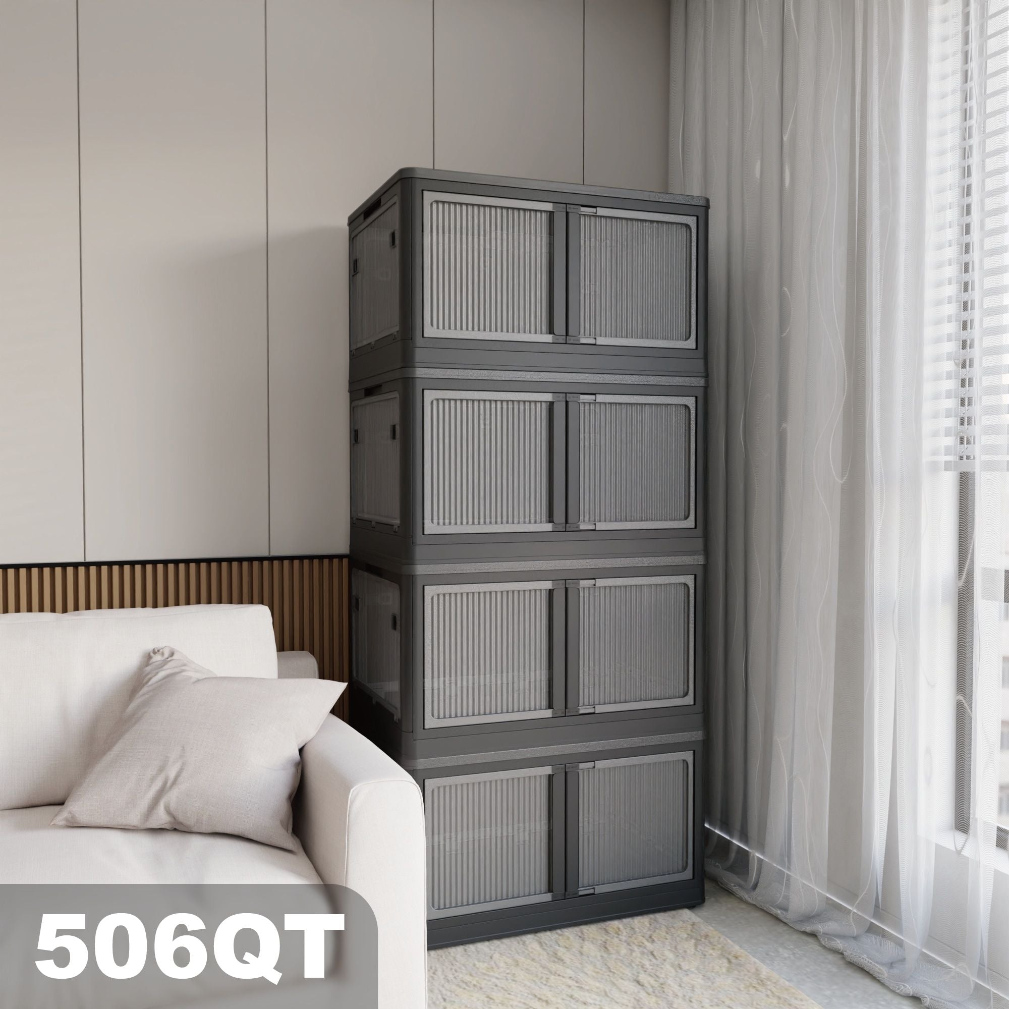 506QT 4-Pack Transparent Stackable Storage Bins with 5 Doors to Open with Wheels, Folding Plastic Craft Containers Large Closet Organizers Box for Bedrooms Living Rooms Study Kids' Toys, Black