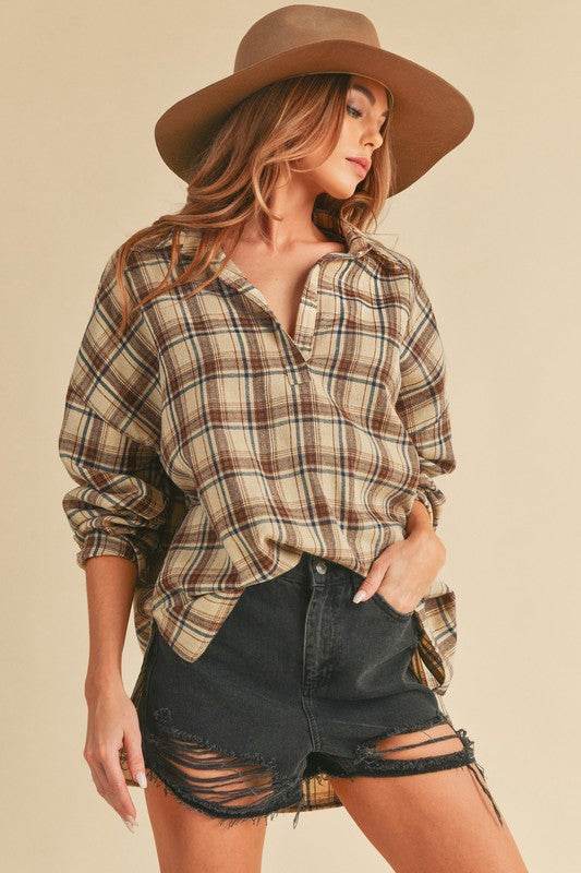 Aemi + Co Side Slit High-Low Plaid Long Sleeve Polo Shirt