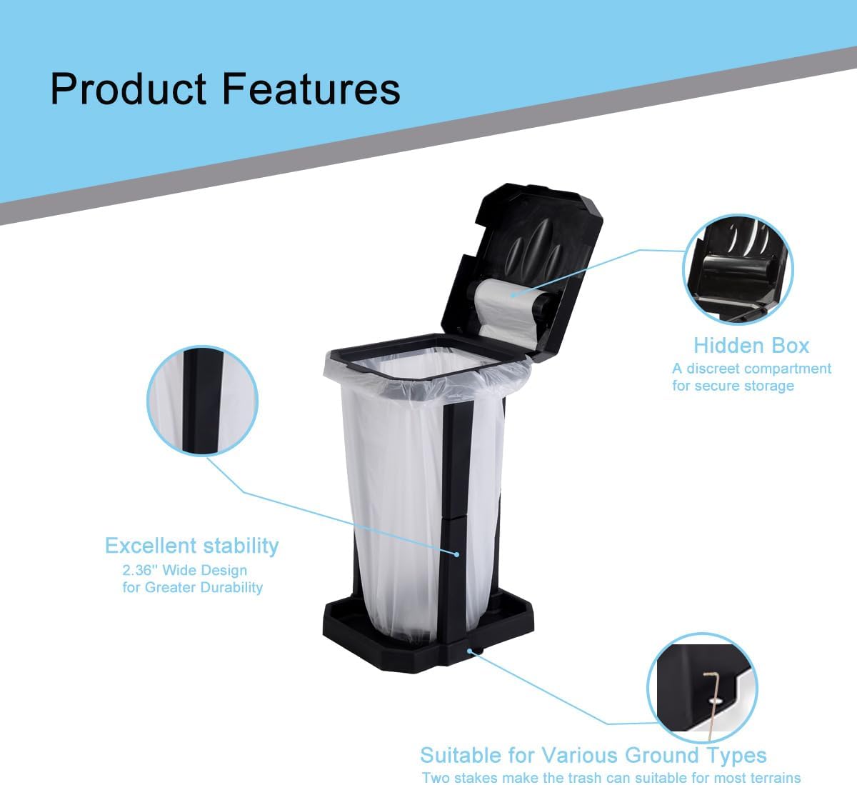 Collapsible Trash Can with Reinforced Legs & 20 Bags – Portable Garbage Bin for Camping, RV, Picnics, Indoor/Outdoor Use, Easy Assembly, Compact Storage, Includes Ground Pegs for Stability