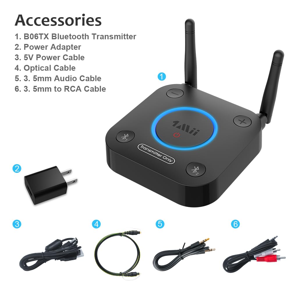 1Mii B06TX Bluetooth 5.2 Transmitter for TV to Wireless Headphone/Speaker, Bluetooth Adapter for TV w/Volume Control, AUX/RCA/Optical/Coaxial Audio Inputs, Plug n Play, aptX Low Latency & HD