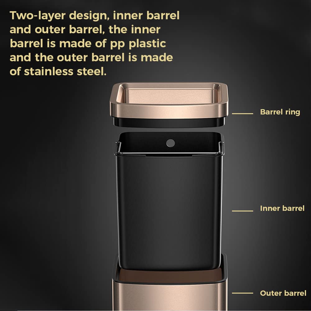 25L/6 Gallon Stainless Steel Square Trash Can, Large Kitchen Garbage Can, Office Commercial Trash Bin Champagne Gold Garbage Can, Large Open Top Waste Basket (25Lgold)