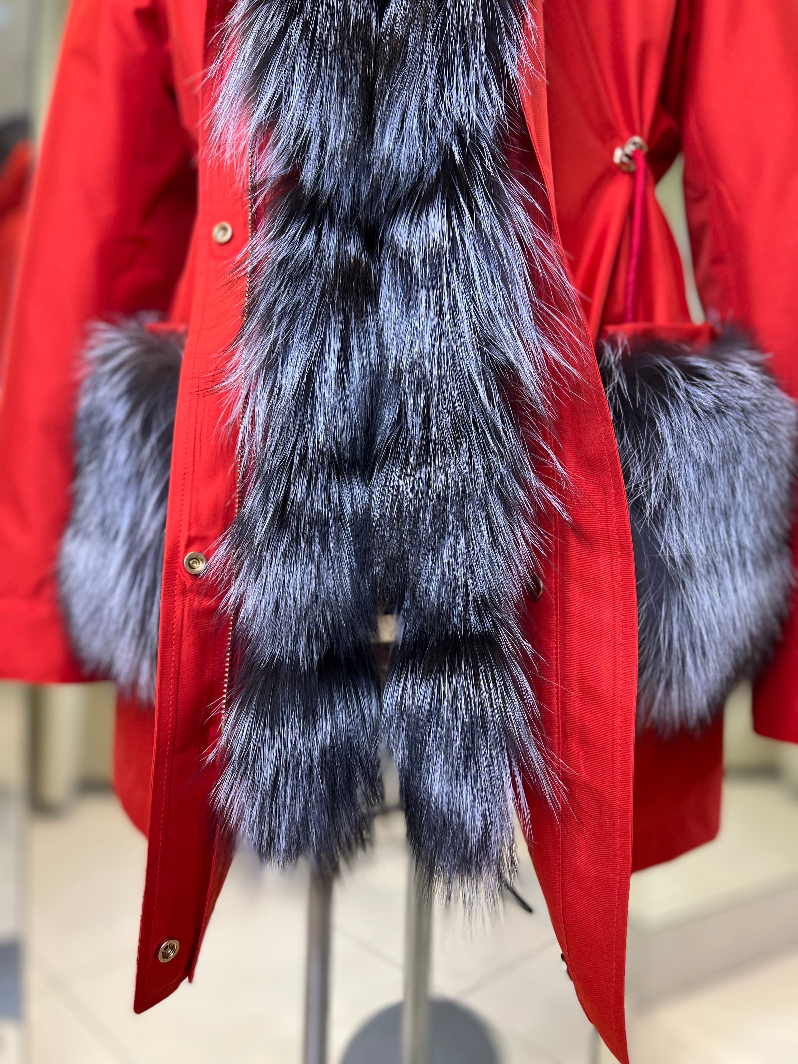 Roma Genuine Silver Fox Fur Rabbit Fur Insulated Parka in Red