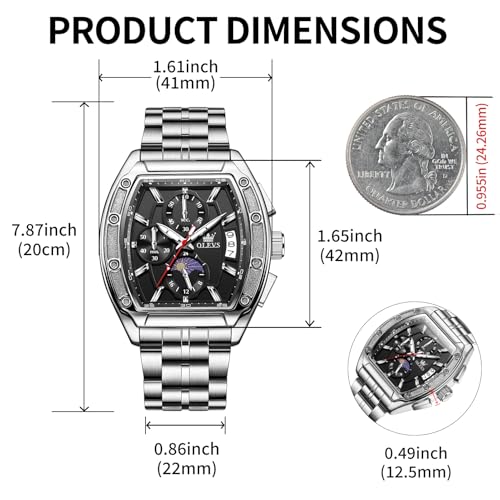 OLEVS Watches Men Chronograph Waterproof Rectangle Face Moon Phase Stainless Steel Strap Dress Watches for Men Luminous Quartz Calendar Mens Wrist Watch