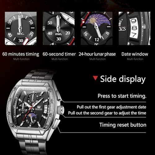 OLEVS Watches Men Chronograph Waterproof Rectangle Face Moon Phase Stainless Steel Strap Dress Watches for Men Luminous Quartz Calendar Mens Wrist Watch