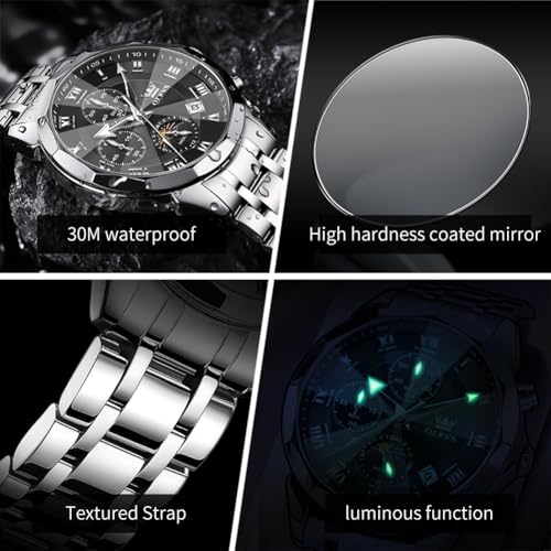 OLEVS Watches Men Luxury Chronograph Moon Phase Waterproof Luminous Watches for Men Analog Quartz Calendar Stainless Steel Strap Wrist Watches-(Black/Blue/Gold/Grey/Silver Face)