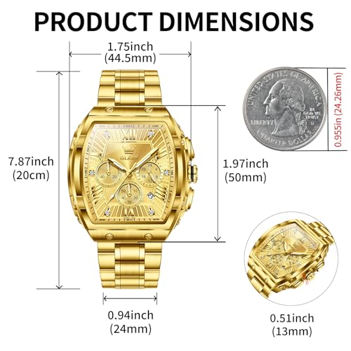 OLEVS Watches Men Chronograph Waterproof Rectangle Face Moon Phase Stainless Steel Strap Dress Watches for Men Luminous Quartz Calendar Mens Wrist Watch