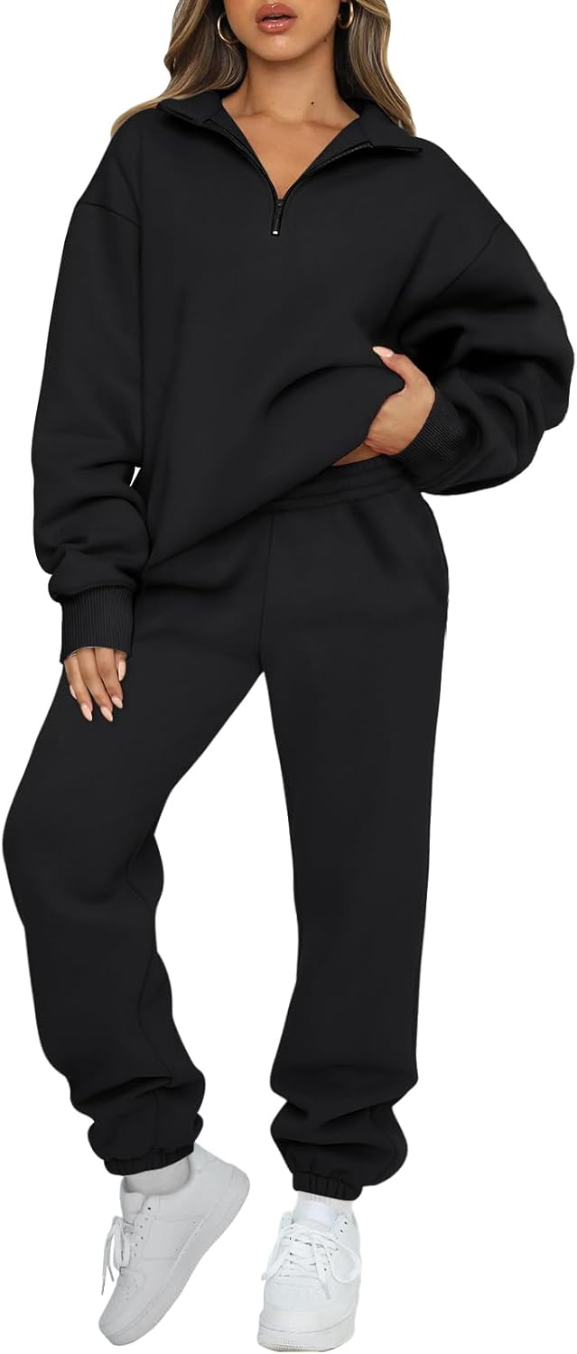 AUTOMET Women's Sweatsuits 2 Piece Outfits Lounge Sets Long Sleeve Half Zip Pullover and Baggy Sweatpants with Pockets