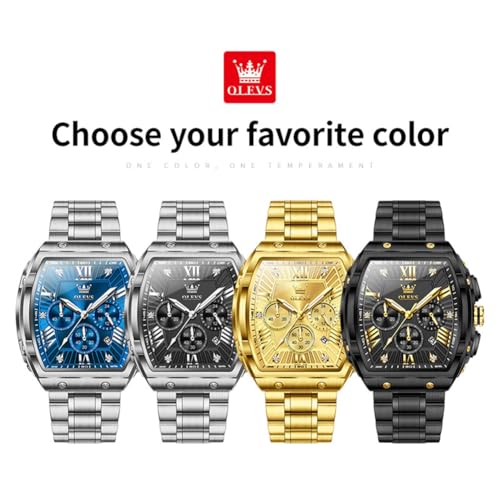 OLEVS Watches Men Chronograph Waterproof Rectangle Face Moon Phase Stainless Steel Strap Dress Watches for Men Luminous Quartz Calendar Mens Wrist Watch