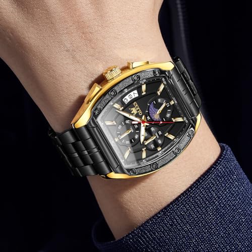 OLEVS Watches Men Chronograph Waterproof Rectangle Face Moon Phase Stainless Steel Strap Dress Watches for Men Luminous Quartz Calendar Mens Wrist Watch