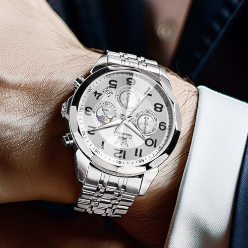OLEVS Watches Men Luxury Chronograph Moon Phase Waterproof Luminous Watches for Men Analog Quartz Calendar Stainless Steel Strap Wrist Watches-(Black/Blue/Gold/Grey/Silver Face)