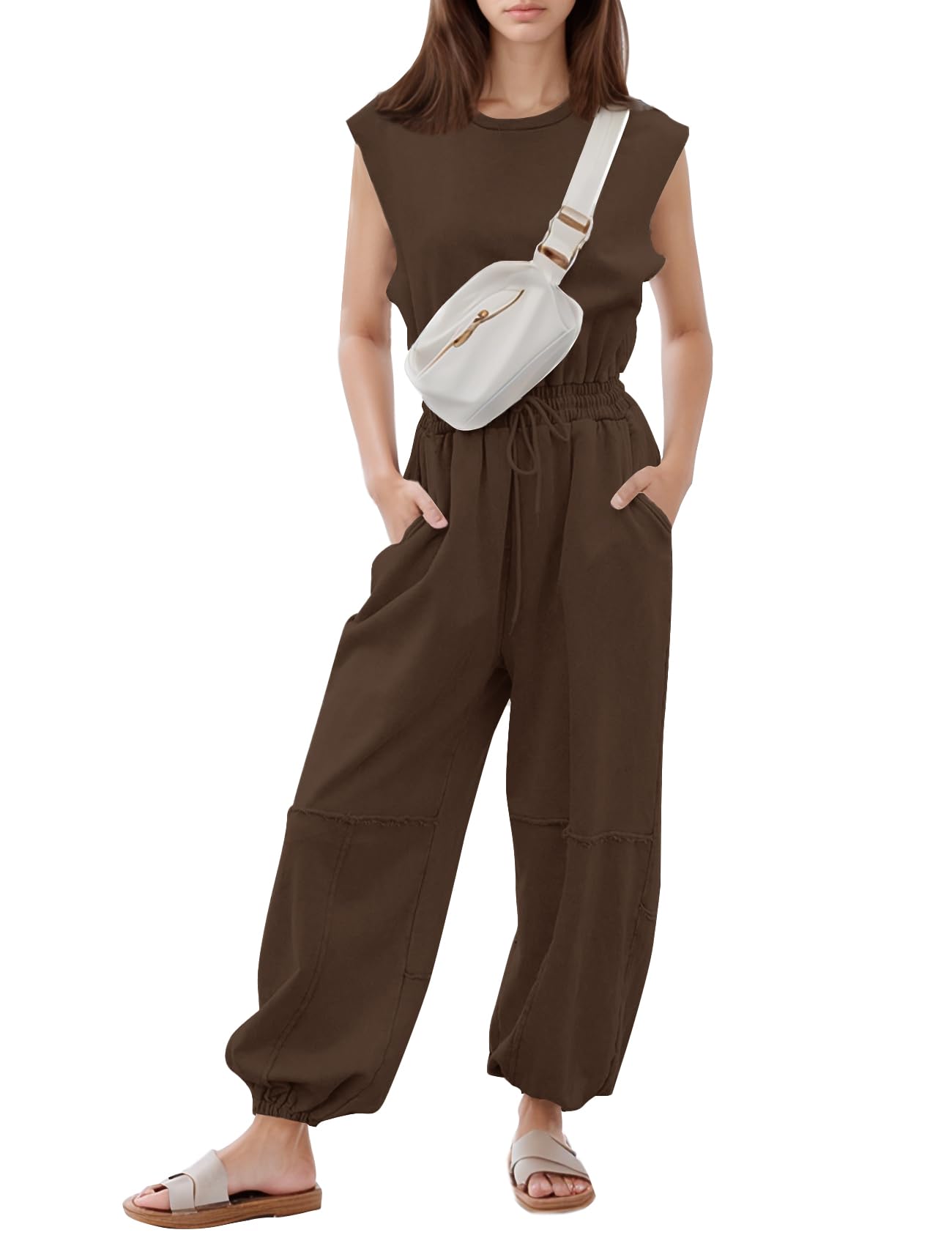 Flygo Womens Casual Jumpsuit Crewneck Cap Sleeve Long Wide Leg Pants One Piece Outfits Drawstring Romper with Pockets(LightGrey-M)