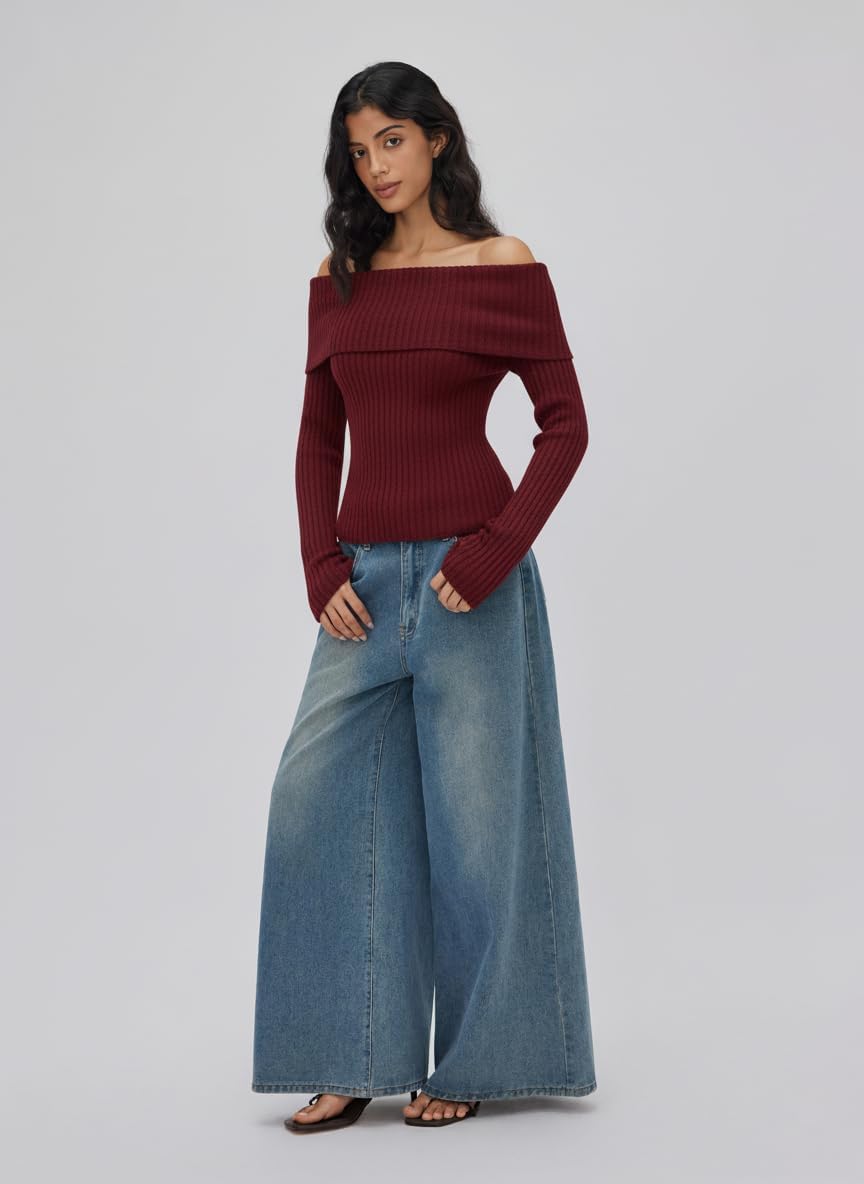 CIDER Off The Shoulder Tops for Women Long Sleeve Going Out Y2K Tops Knit Pullover Fall Outfits Trendy 2025