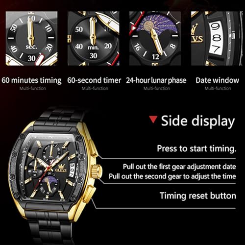 OLEVS Watches Men Chronograph Waterproof Rectangle Face Moon Phase Stainless Steel Strap Dress Watches for Men Luminous Quartz Calendar Mens Wrist Watch