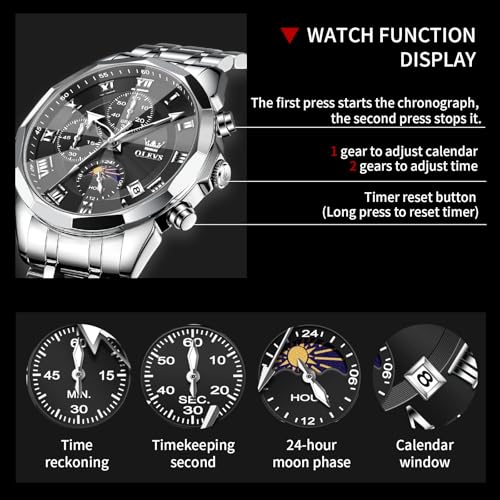 OLEVS Watches Men Luxury Chronograph Moon Phase Waterproof Luminous Watches for Men Analog Quartz Calendar Stainless Steel Strap Wrist Watches-(Black/Blue/Gold/Grey/Silver Face)