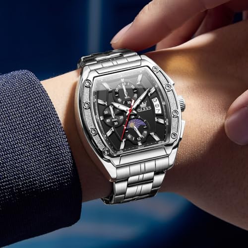 OLEVS Watches Men Chronograph Waterproof Rectangle Face Moon Phase Stainless Steel Strap Dress Watches for Men Luminous Quartz Calendar Mens Wrist Watch