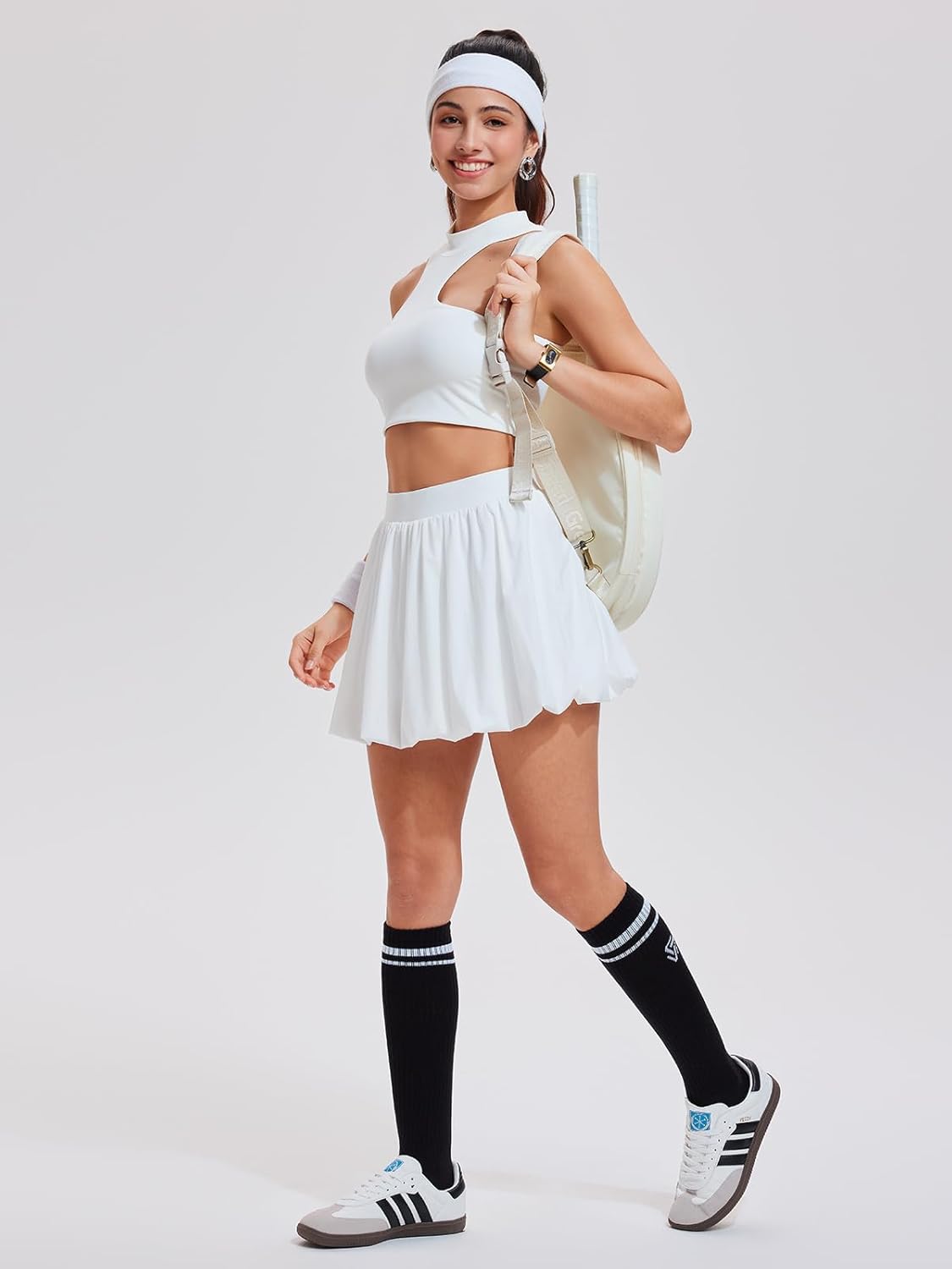 Airfree 2 Piece Sets for Women Tennis Skirt Set Mock Neck Sports Bra Irregular Crop Tank Bubble Skirt Outfits Set