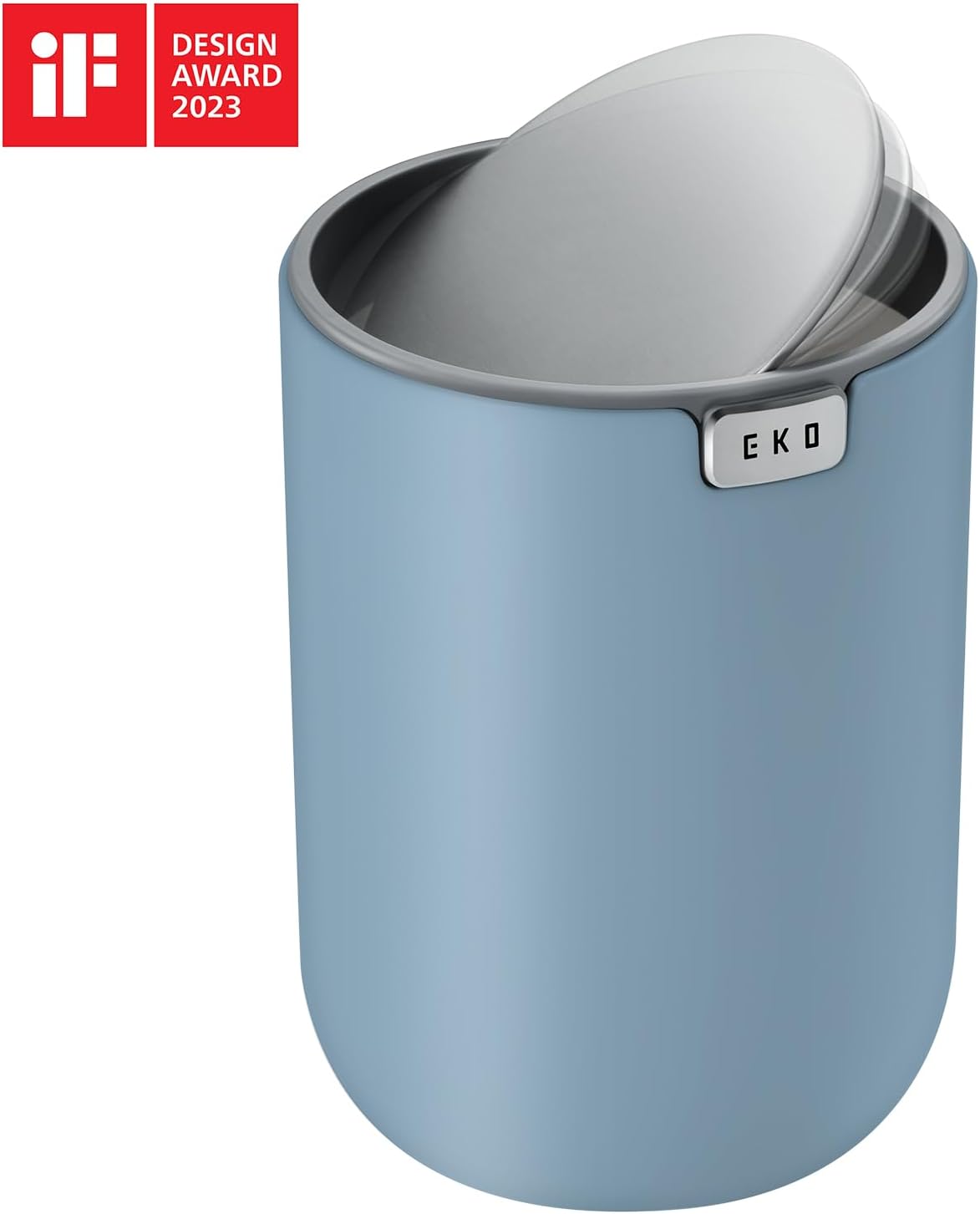 EKO Mini Desk Trash Can with Swing-Top Lid 0.4 Gallon Small Table Round Wastebasket for Office, Home, Car (Blue)