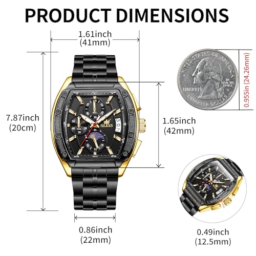 OLEVS Watches Men Chronograph Waterproof Rectangle Face Moon Phase Stainless Steel Strap Dress Watches for Men Luminous Quartz Calendar Mens Wrist Watch
