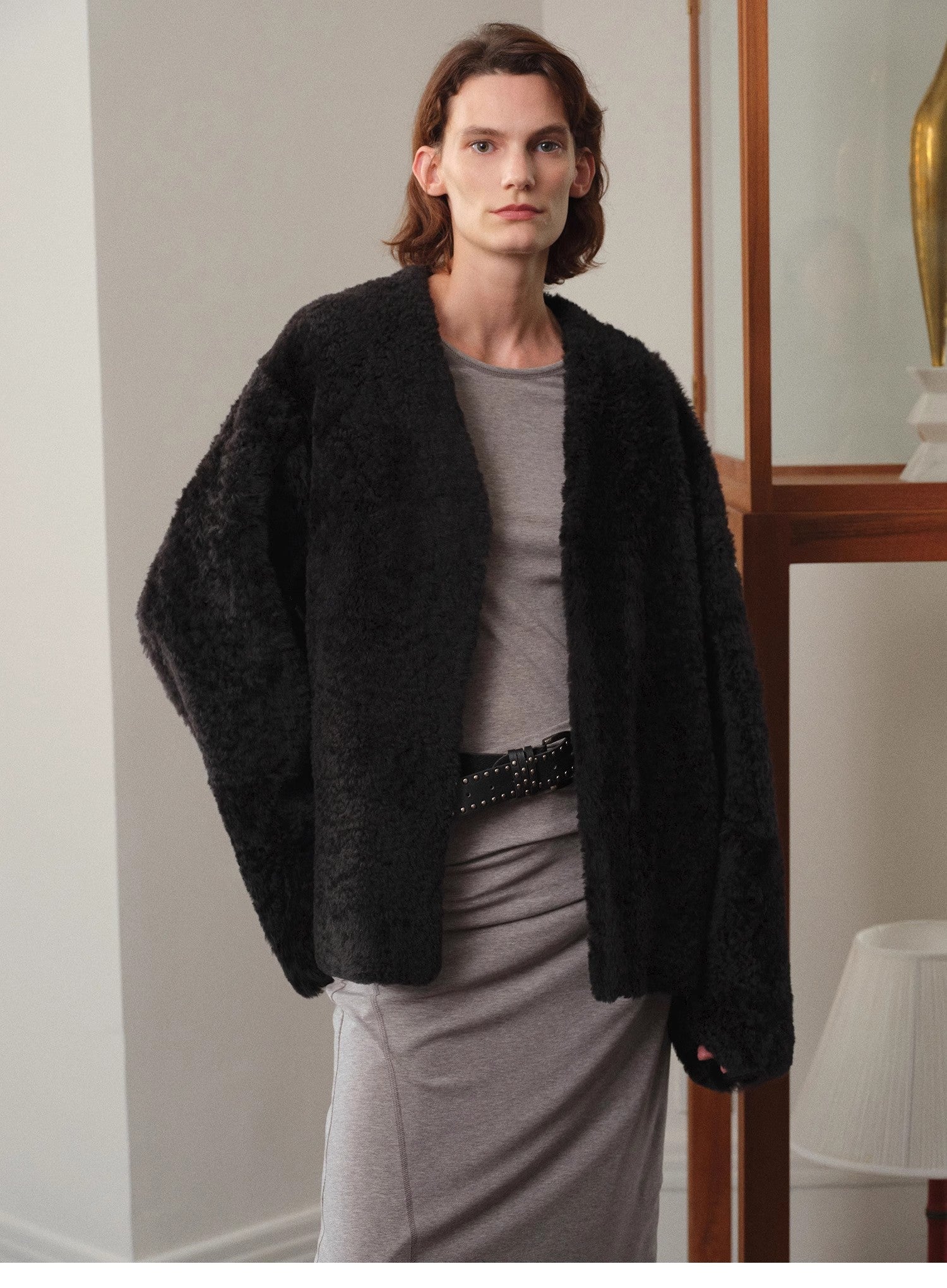 "Paris Night" luxury lightweight v-neck mid-length imported ragone sheepskin fur coat-1