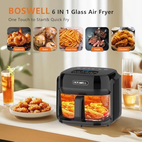 BOSWELL Glass Air Fryer, 7.5QT with Transparent Fry Bowl, Circulating Heating, Temperature Control, Air Fryer Roast, Dishwasher Safe