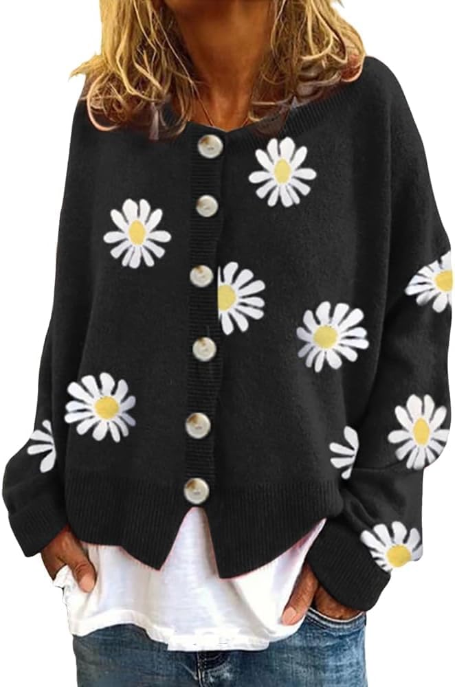 ZOCAVIA Women's Floral Knit Sweaters Cardigan Fall Winter Button Down Open Front Casual Flower Embroidered Cropped Sweaters