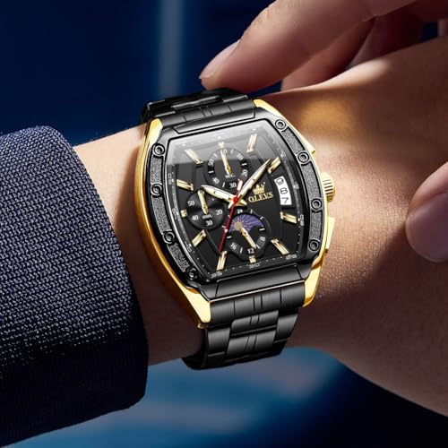 OLEVS Watches Men Chronograph Waterproof Rectangle Face Moon Phase Stainless Steel Strap Dress Watches for Men Luminous Quartz Calendar Mens Wrist Watch