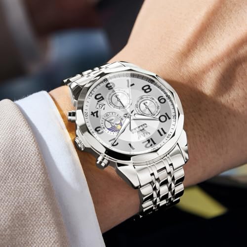 OLEVS Watches Men Luxury Chronograph Moon Phase Waterproof Luminous Watches for Men Analog Quartz Calendar Stainless Steel Strap Wrist Watches-(Black/Blue/Gold/Grey/Silver Face)