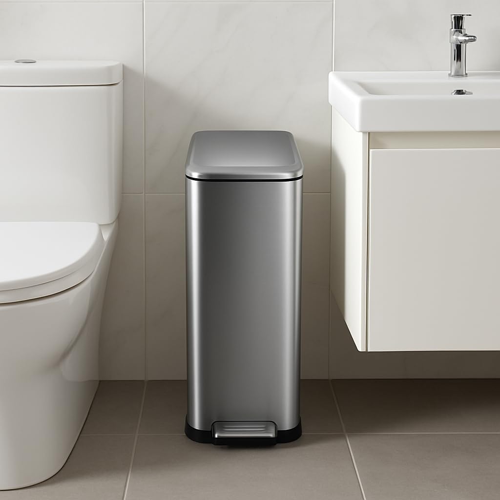 Garvee 13 gal Kitchen Trash Can, Stainless Steel Step Garbage Bin with Soft-Close Lid & Removable Bucket, Fingerprint Proof, Slim for Narrow Spaces, Bathroom or Office