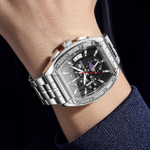 OLEVS Watches Men Chronograph Waterproof Rectangle Face Moon Phase Stainless Steel Strap Dress Watches for Men Luminous Quartz Calendar Mens Wrist Watch