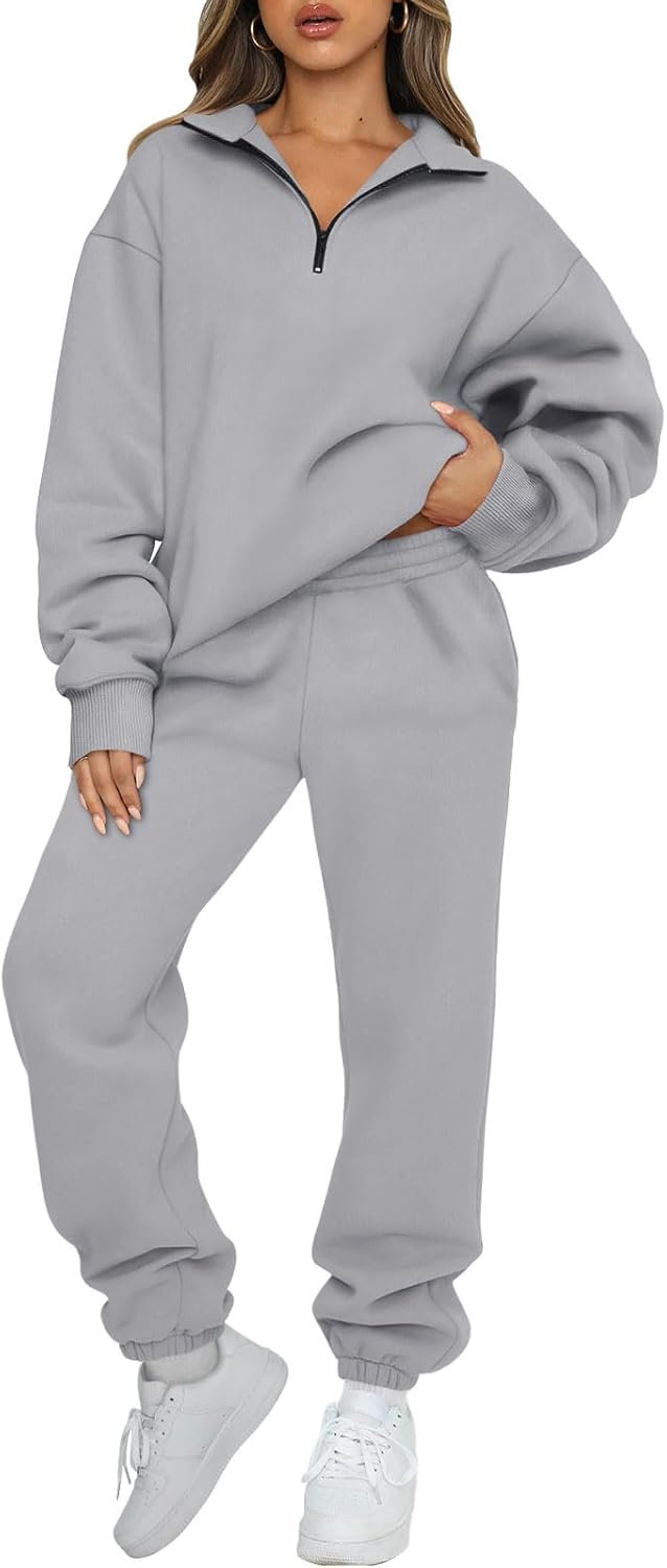 AUTOMET Women's Sweatsuits 2 Piece Outfits Lounge Sets Long Sleeve Half Zip Pullover and Baggy Sweatpants with Pockets