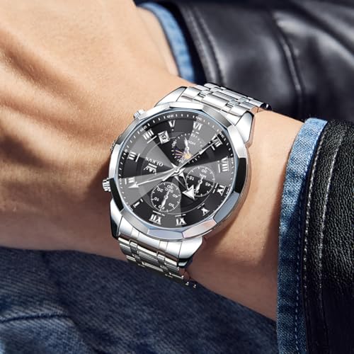 OLEVS Watches Men Luxury Chronograph Moon Phase Waterproof Luminous Watches for Men Analog Quartz Calendar Stainless Steel Strap Wrist Watches-(Black/Blue/Gold/Grey/Silver Face)