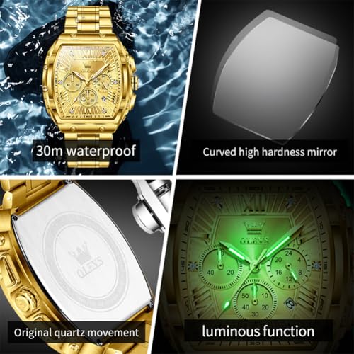 OLEVS Watches Men Chronograph Waterproof Rectangle Face Moon Phase Stainless Steel Strap Dress Watches for Men Luminous Quartz Calendar Mens Wrist Watch