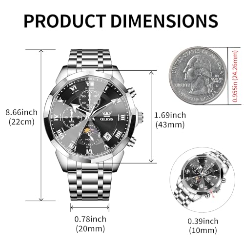 OLEVS Watches Men Luxury Chronograph Moon Phase Waterproof Luminous Watches for Men Analog Quartz Calendar Stainless Steel Strap Wrist Watches-(Black/Blue/Gold/Grey/Silver Face)
