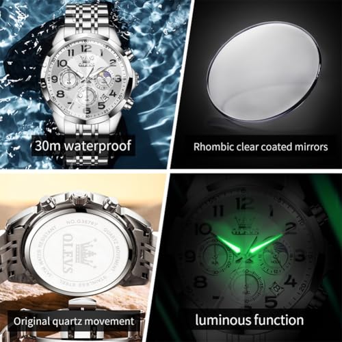 OLEVS Watches Men Luxury Chronograph Moon Phase Waterproof Luminous Watches for Men Analog Quartz Calendar Stainless Steel Strap Wrist Watches-(Black/Blue/Gold/Grey/Silver Face)