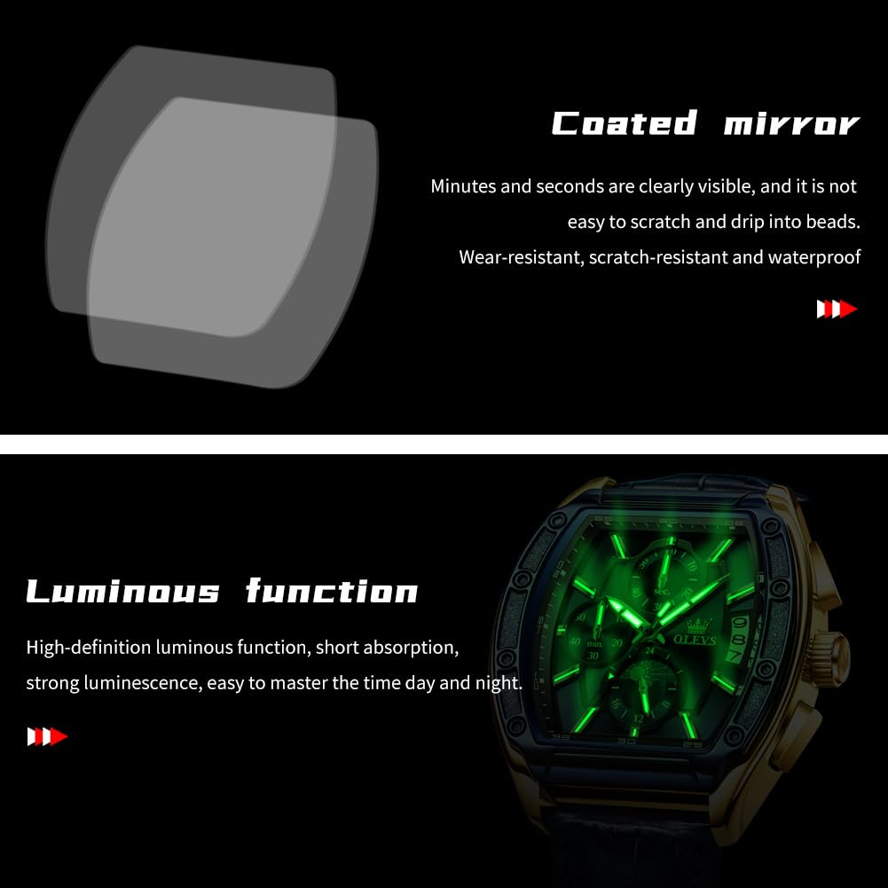 OLEVS Watches Men Chronograph Waterproof Rectangle Face Moon Phase Stainless Steel Strap Dress Watches for Men Luminous Quartz Calendar Mens Wrist Watch