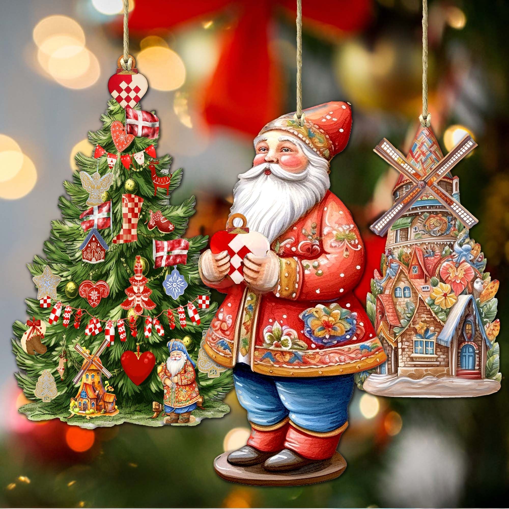 Santas Around the World - Danish Inspired Santa - Wooden Ornaments Set of 3 by G. DeBrekht Christmas Santa Snowman Decor - 8091302S3
