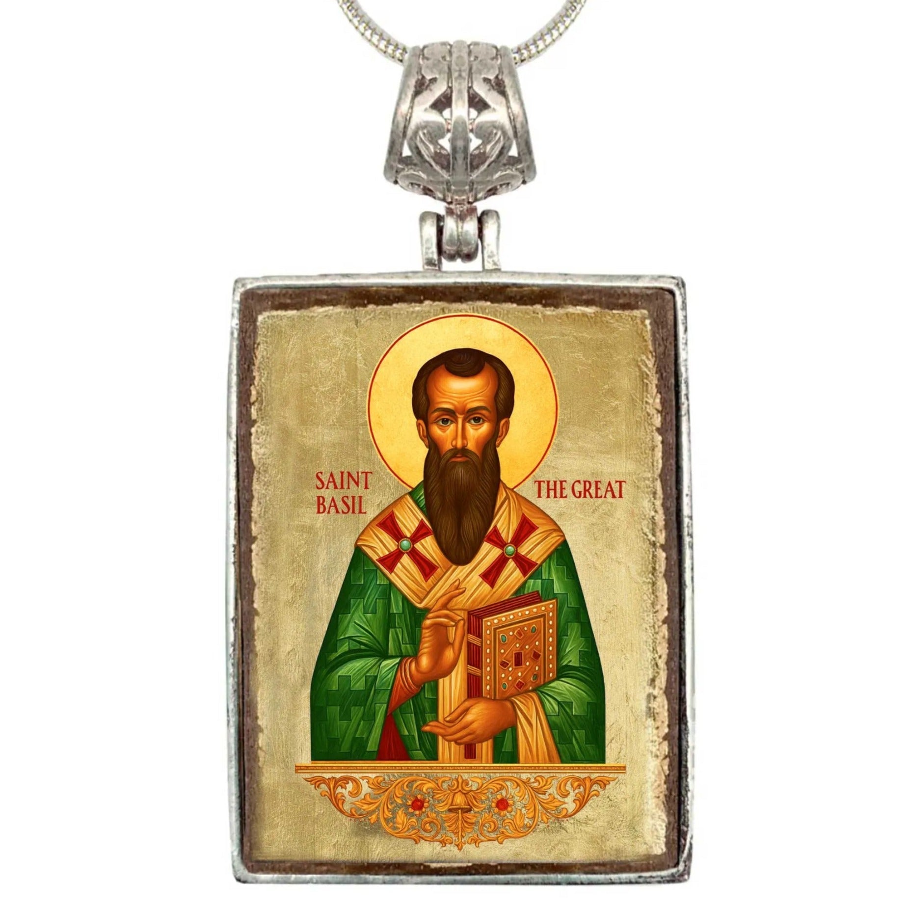Saint Basil Religious Jewelry Silver Plated Necklace, Gold-Plated Wooden Cabochon - Christian Sacred Icon - Inspirational Icon Decor - 43053R