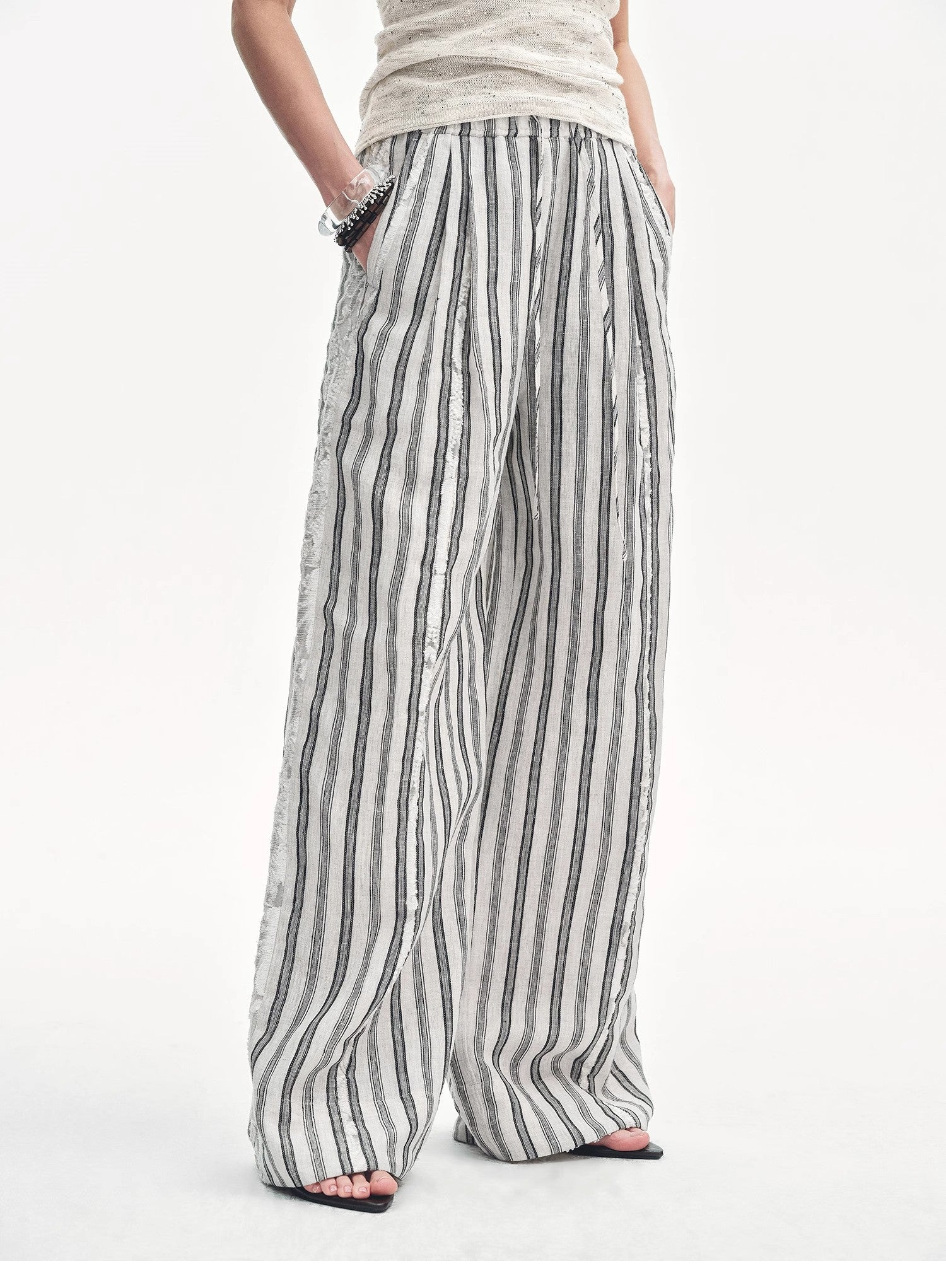 Linen Vertical Stripe Drape Wide Leg Casual Pants"Fashion Tension"-6