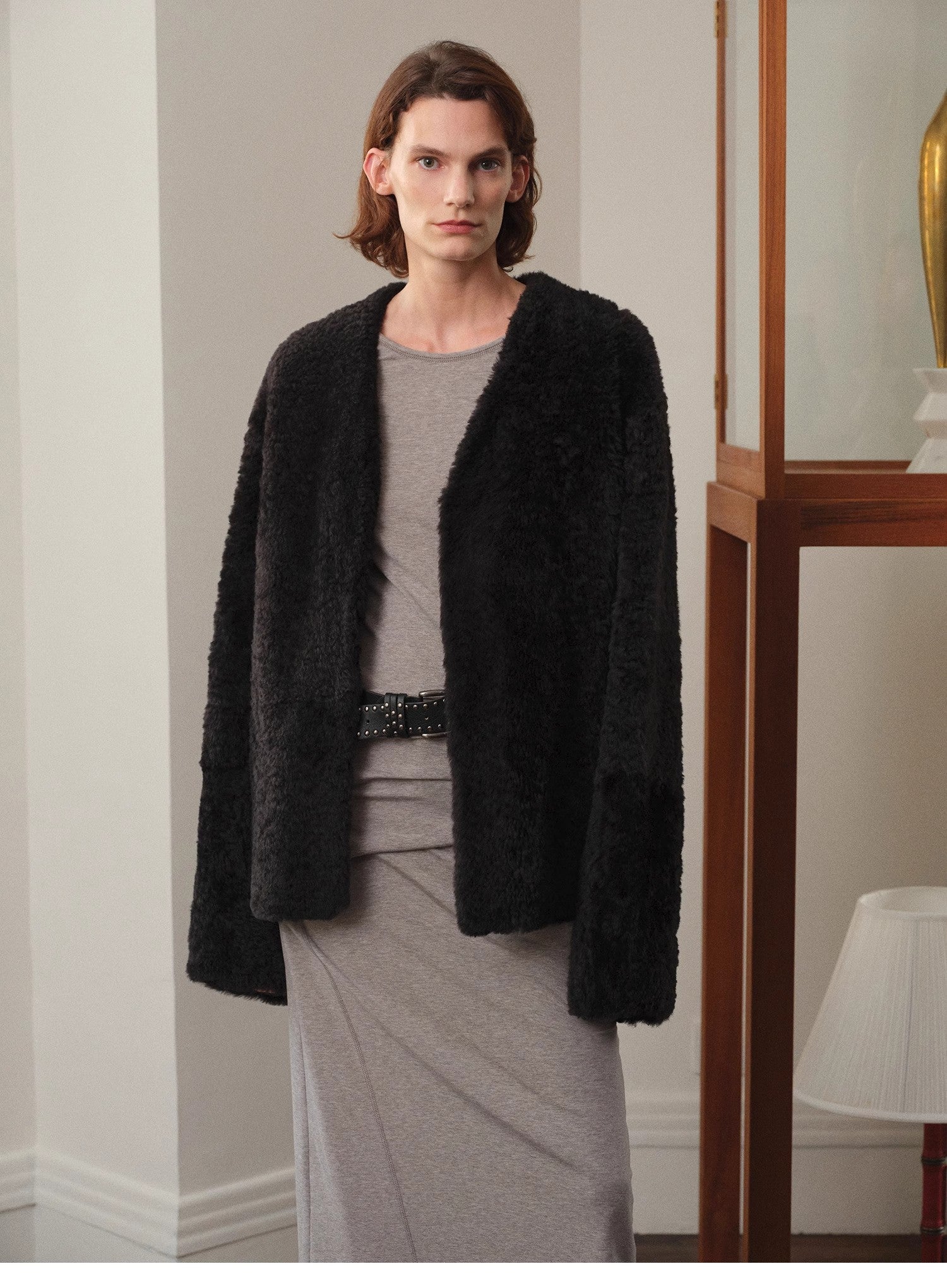 "Paris Night" luxury lightweight v-neck mid-length imported ragone sheepskin fur coat-4