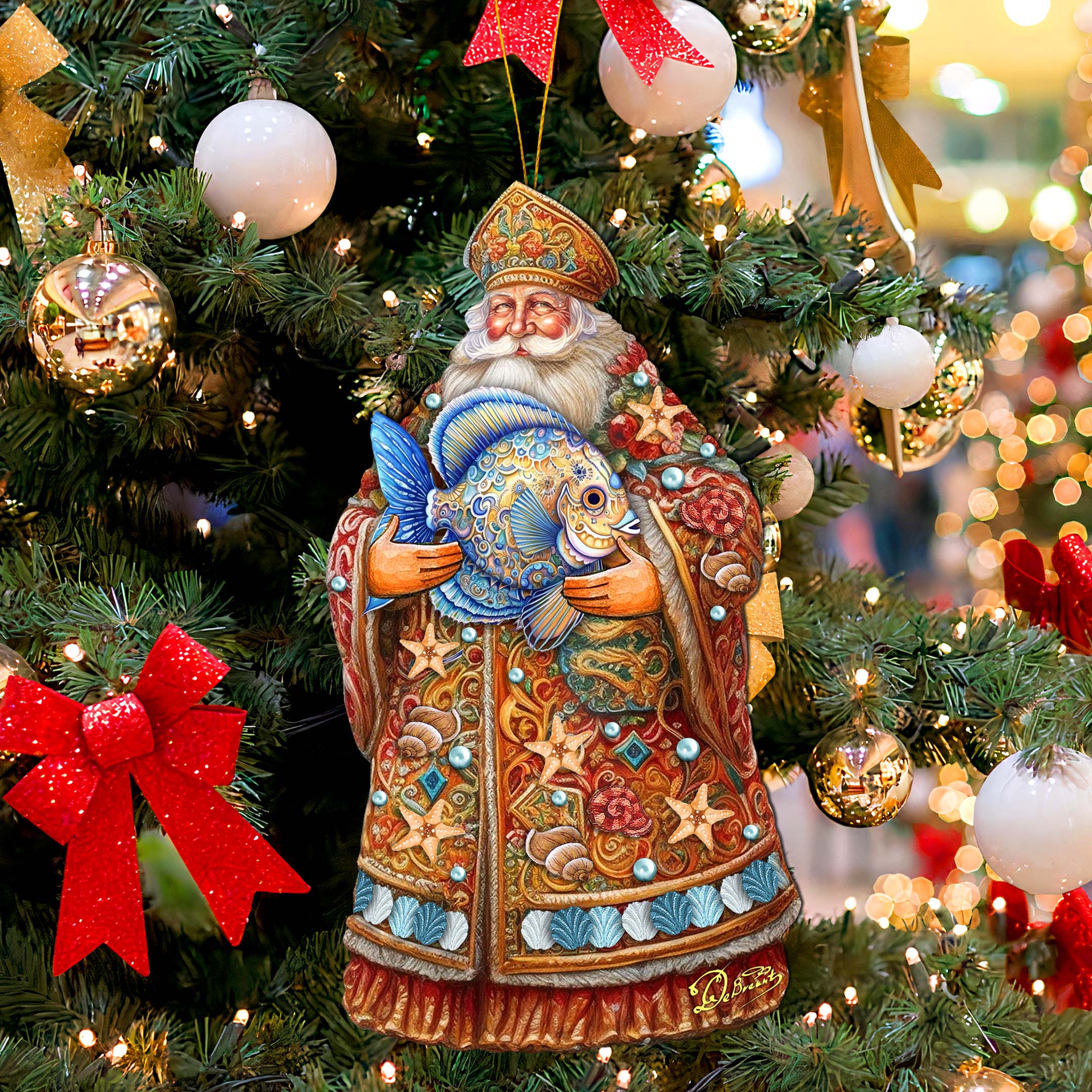 Santa with Fish Wooden Ornaments by G. Debrekht - Christmas Santa Snowman Decor - 8691411