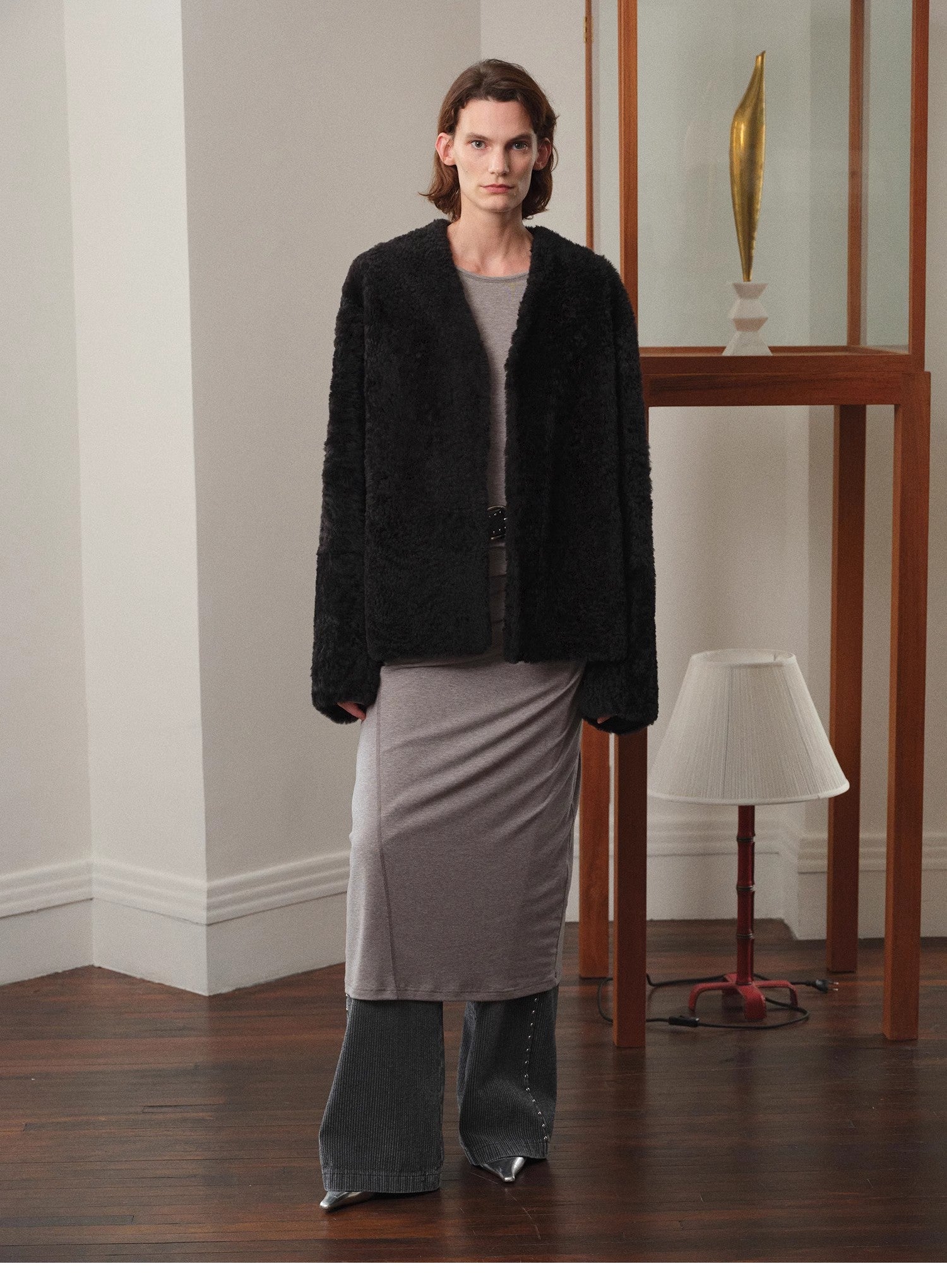 "Paris Night" luxury lightweight v-neck mid-length imported ragone sheepskin fur coat-0