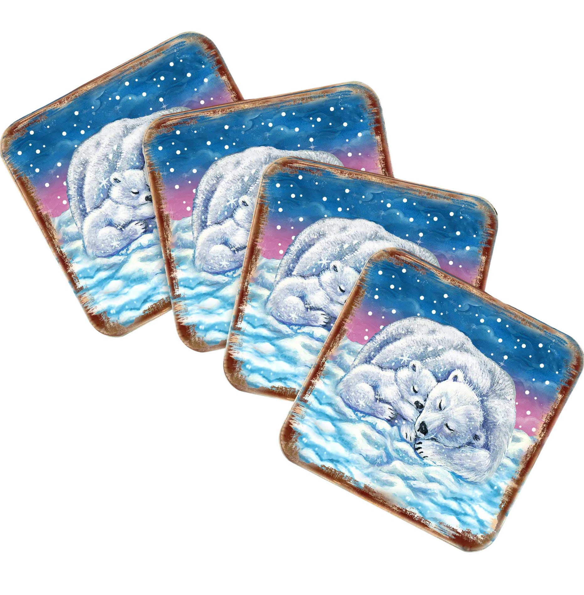 Polar Bears Wooden Cork Coasters Gift Set of 4 by Nature Wonders - Nature Wildlife Decor  - 95381C-S4
