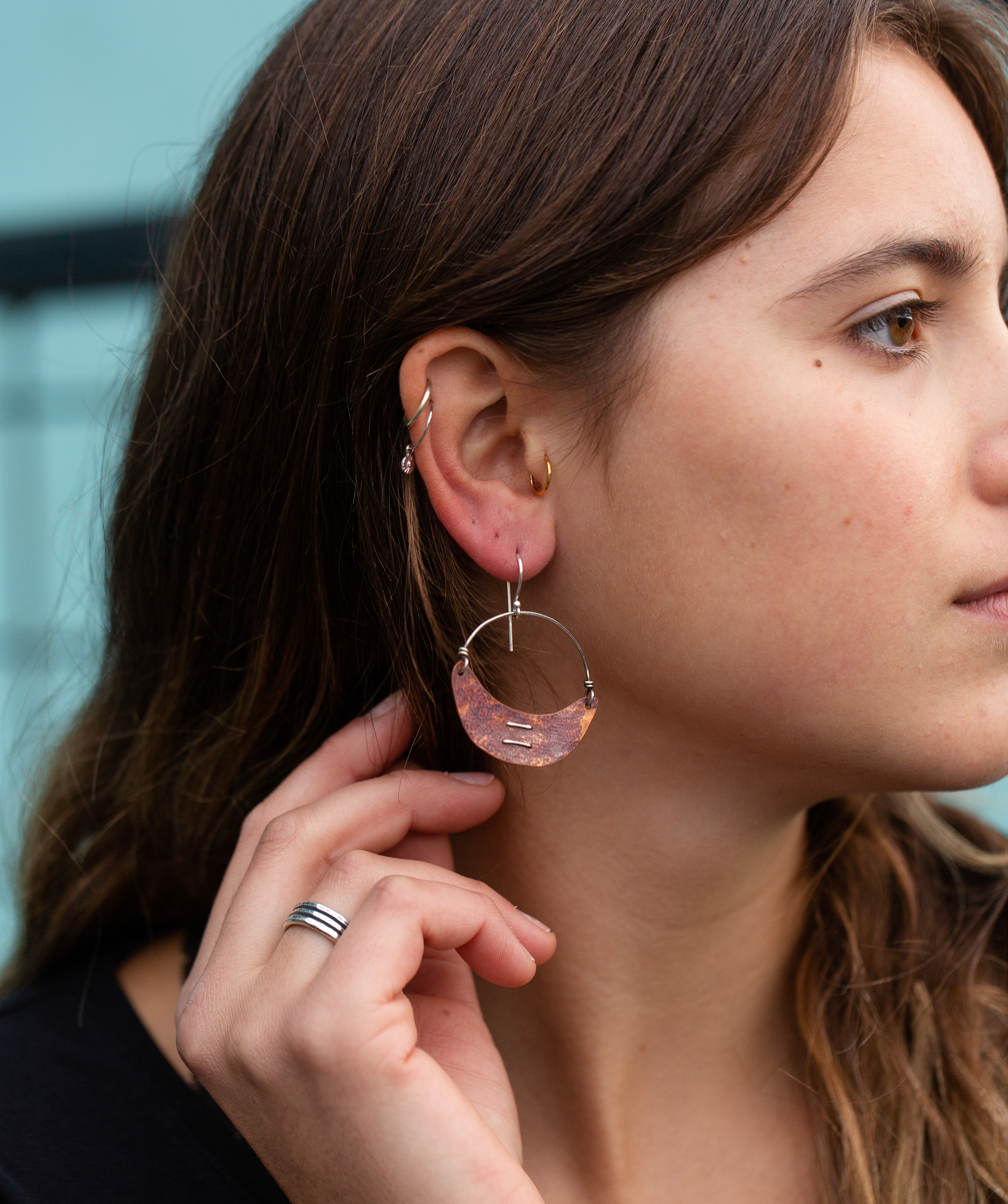 Stitched Copper Crescent Earrings