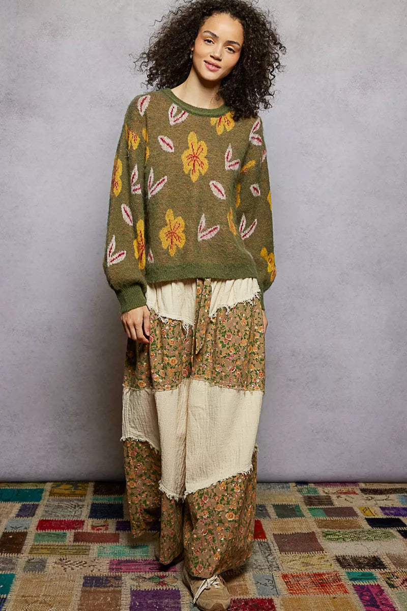 POL Floral Pattern Round Neck Balloon Sleeve Sweater